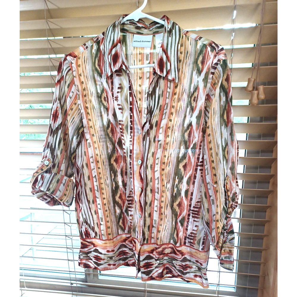 Alfred Dunner Womens Aztec Southwest Lightweight Blouse Sz 12 Roll Sleeve Cotton - Picture 12 of 12